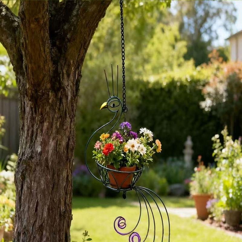 Unique Beautiful Peacocks Themed Hanging Basket Crafted From Weather Resistant Iron For Balcony Garden Patios Courtyard Display