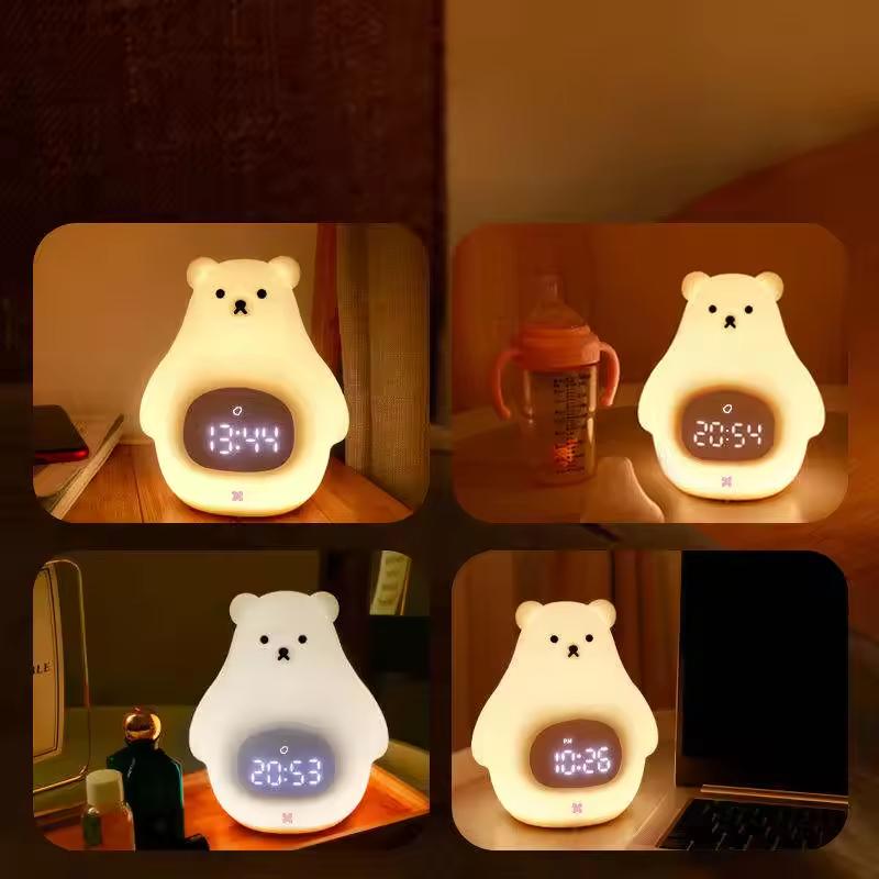 Cute Bear Alarm Clock Night Light for Kids Room Silicone Bedside Light Cartoon Animal Lamp Custom Night Light for Children