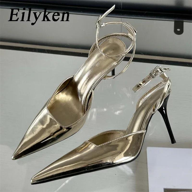 Fashion Eilyken Gold Silver Ankle Buckle Strap Women Pumps Sexy Pointed Toe Thin High Heels Slingback Dress Designer Mules Shoes
