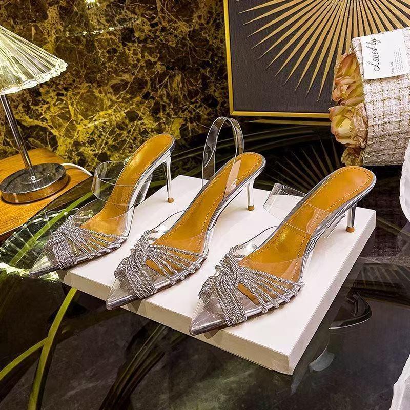 Women High Heeled Sandals 2025 Summer New Clear PVC Sandals Luxury Silver Crystal Pumps Sexy Pointed Toe Banquet Shoes for Women