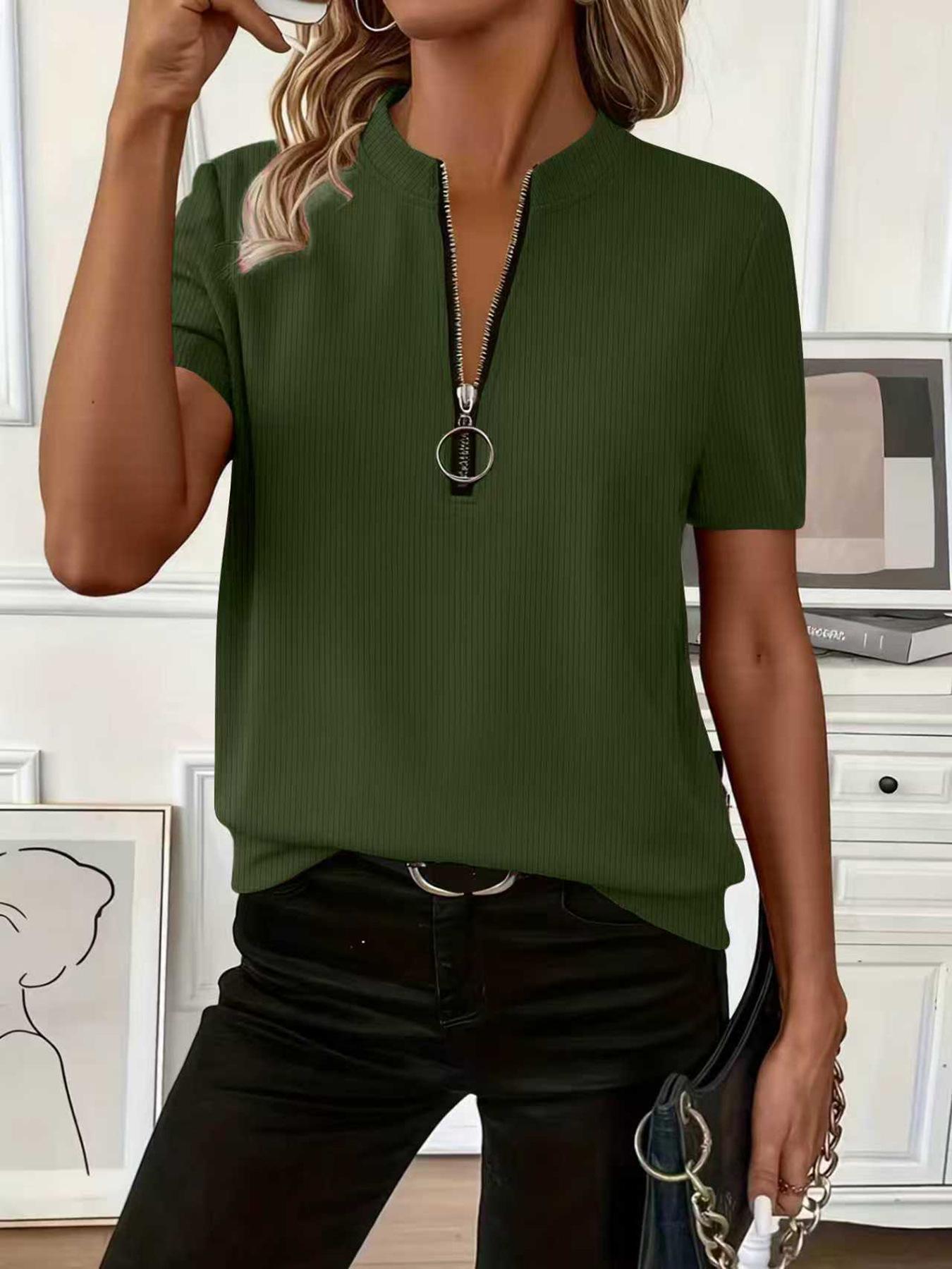 Women s 2025 Spring/Summer Knit Ribbed Solid Color Zipper Sleeve T-Shirt Extra Large армия зеленый