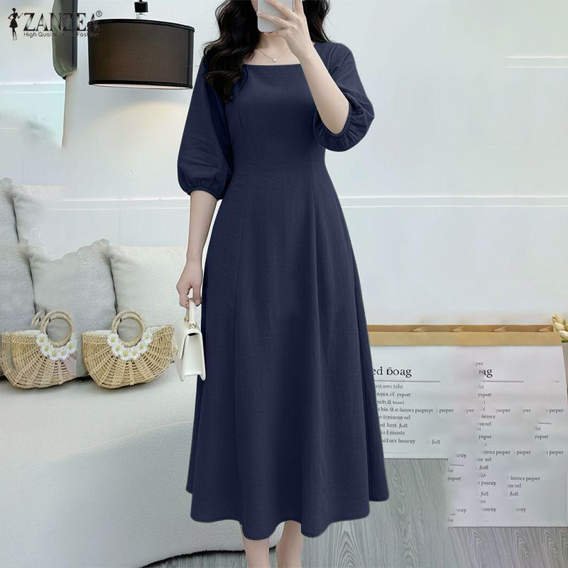 ZANZEA Women Casual Square Collar Summer 3/4 Sleeve Dress