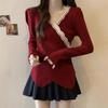 Women Lace Trim V‑Neck Long Sleeve Top Irregular Hem Slim Fit Blouse