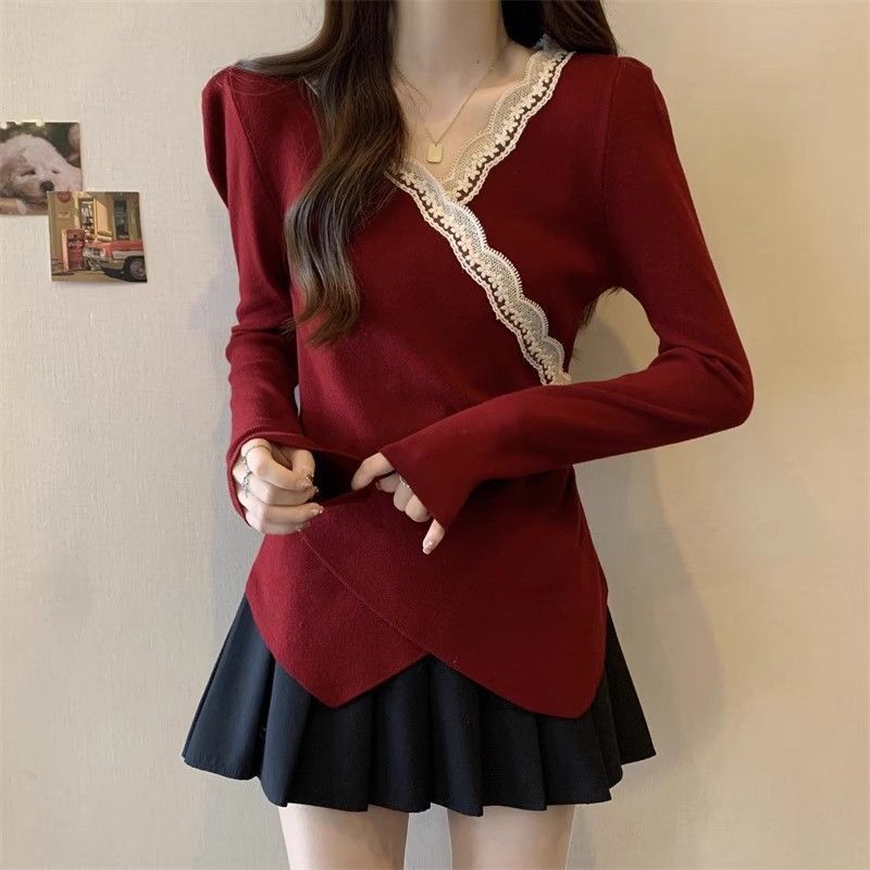 Women Lace Trim V‑Neck Long Sleeve Top Irregular Hem Slim Fit Blouse