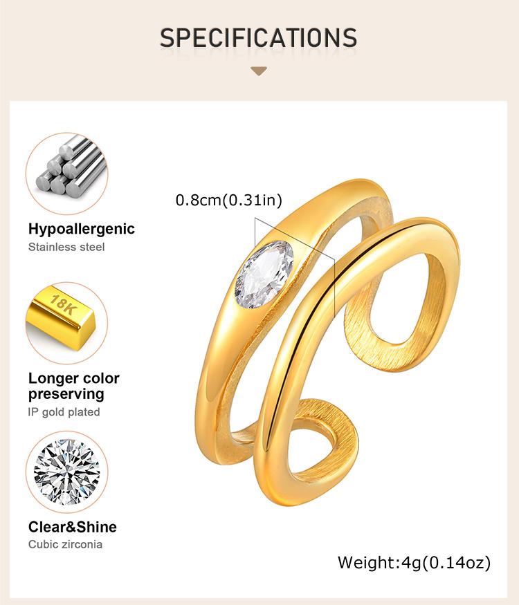 Double-layer Hollow Open Zirconia Rings for Women, Gold Plated Stainless Steel Finger Ring, Luxury Waterproof Jewelry