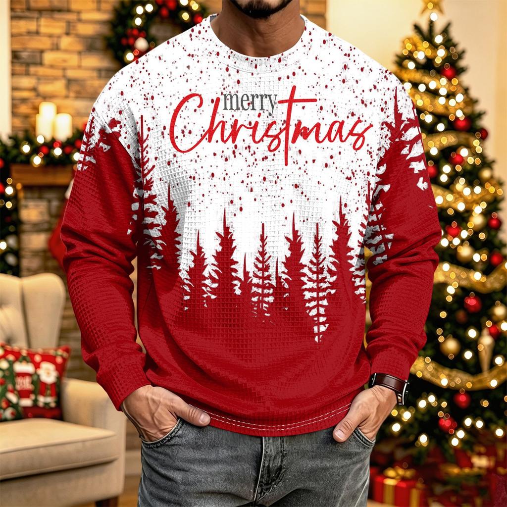 Men's Knit Long Sleeve Neck Casual Top with Christmas Print for Winter