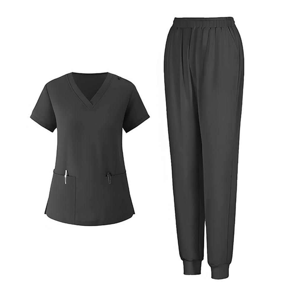Ladies' Loose And Comfortable V-neck Short Sleeved Workwear With Multiple Pockets Suit Set