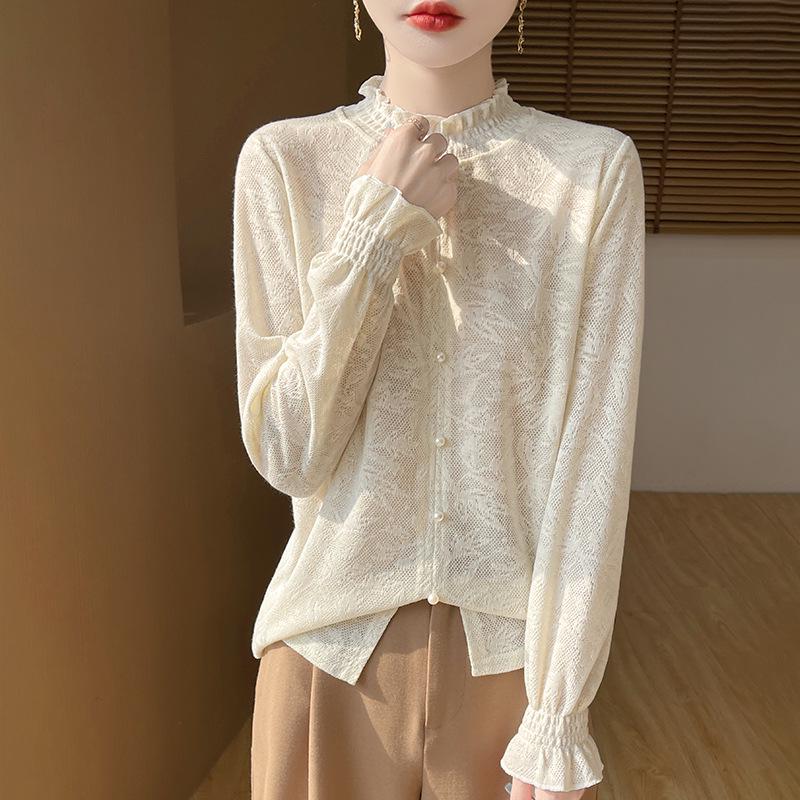 Ruffled Hem Knit Lace Long-Sleeve Spring Top, Fashionable for Outdoor Wear