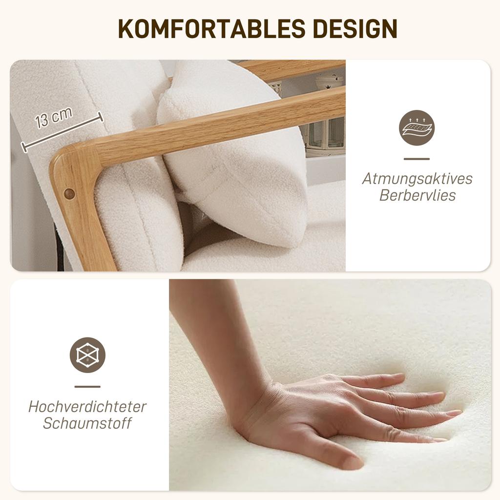 Rocking Chair with Footstool, Fleece Cover, High Backrest, Wooden Legs, Foot Pads, White