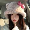 Leopard Print Bow KT Cat Plush Fisherman Hat for Women, Cute, Face-Slimming, Warm and Cold-Resistant Bucket Hat for Autumn and Winter