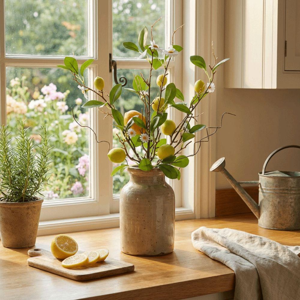 Plastic Artificial Lemon Branch with Flower Faux Lemon Lemon Fruit Branch Realistic Green Leaves Fake Floral Decor Wedding Party