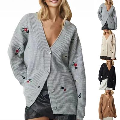 Women's Floral Embroidered Cardigan Sweaters Front Button V-Neck Lightweight Knit Cardigans