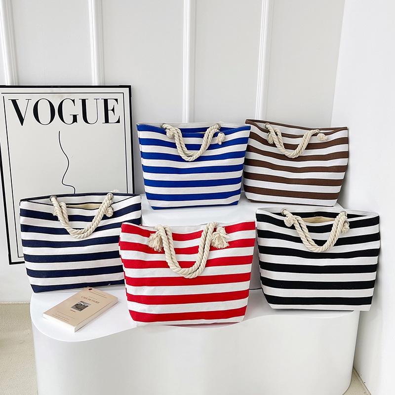 Eco-Friendly Striped Canvas Tote Bag - Large Capacity Shopping & Beach Bag
