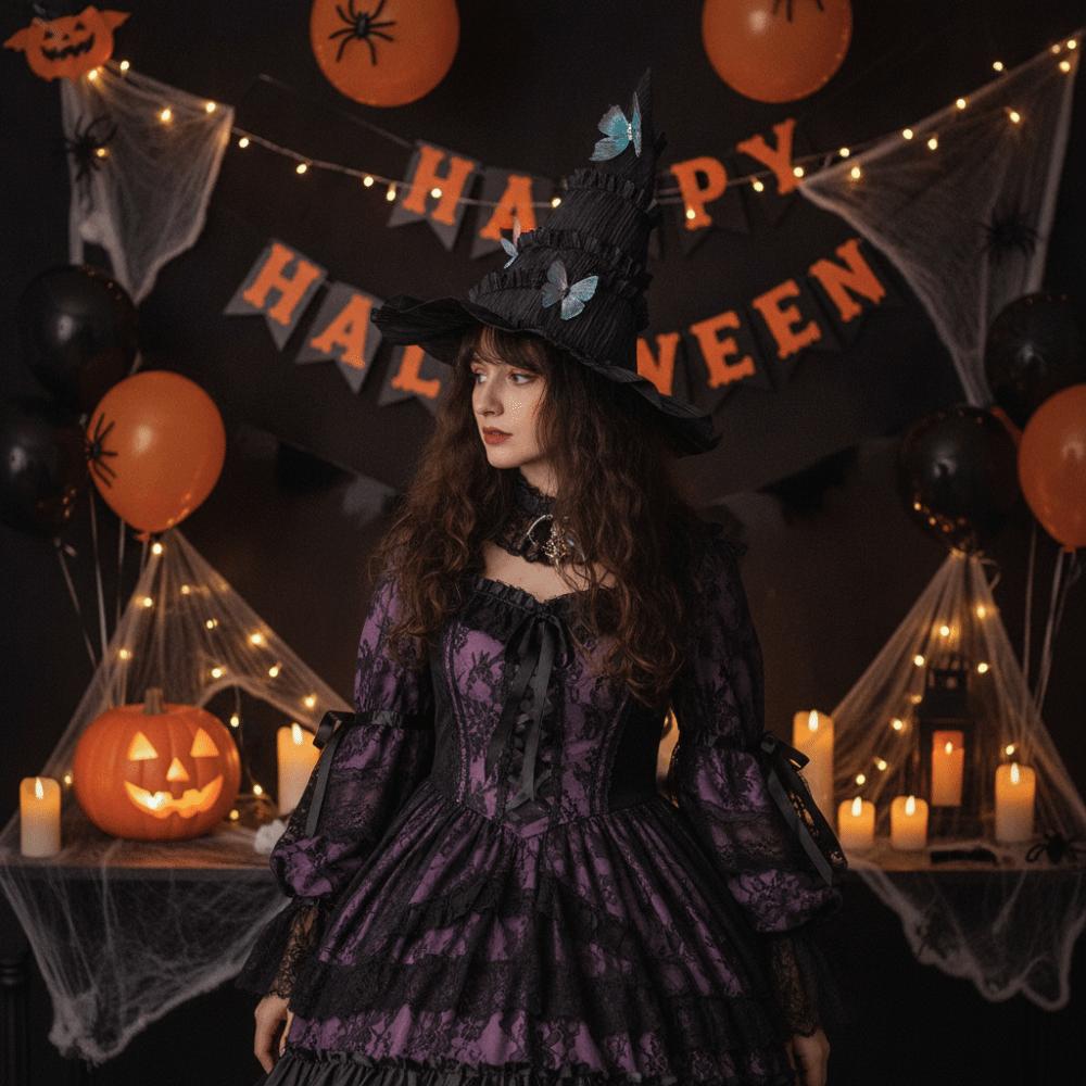 Tall Pointed Cone Top Halloween Hat Gothic Ruched Masquerade Cap Lolita Witch Hat  Masquerade Ball