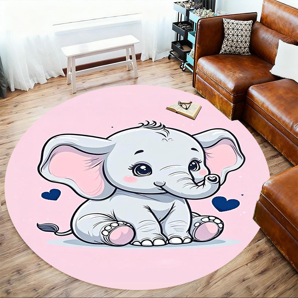 1PC Elephant Cute Hearts Round Chair Mat Area Rug - Non-Slip, Floor Mat for Office, Bedroom, Home Decor Christmas Gift C0528088