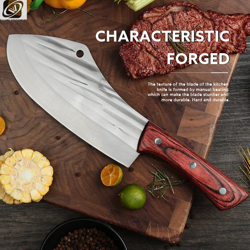 Bone Kitchen Knife Forged Stainless Steel Cleaver Cut Butcher Meat Vegetables Slicing Knife Hammer Grain Red Colored Wood Handle