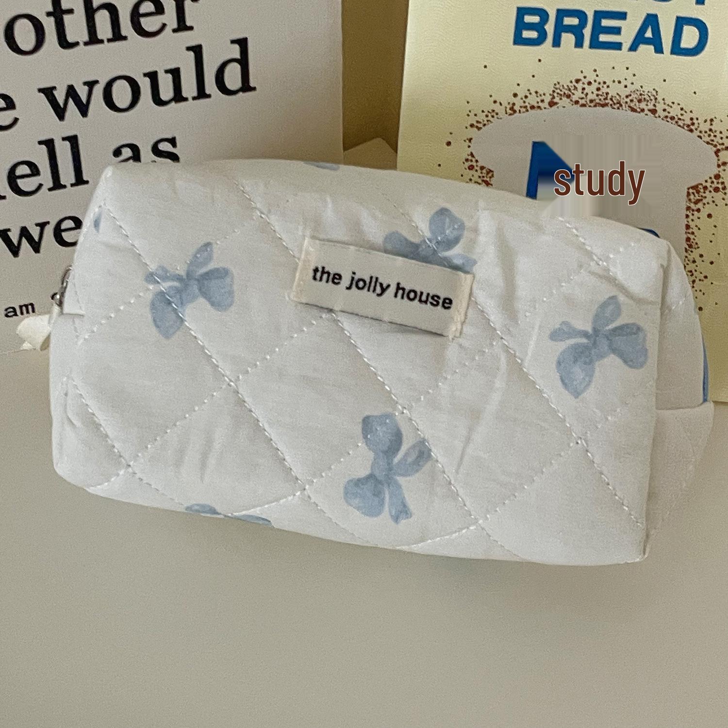 

Большая вместительная милая косметичка с бантом - Стеганый белый фон, Портативная студенческая сумка для умывальных принадлежностей