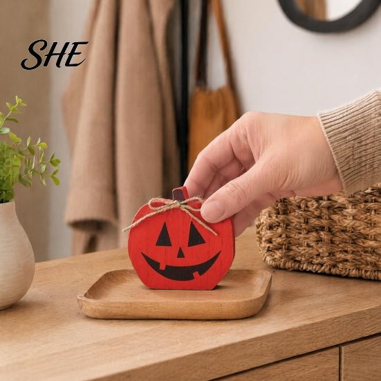 Indoor Entryway Decorations Halloween Table Sign, Wooden Pumpkin Ghost Bat Block Rustic Autumn Home Accents Tiered Tray Ornament for Tabletop
