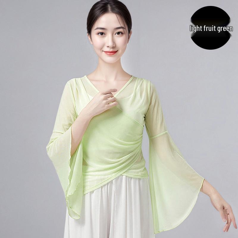 Women's Classical Chinese Dance Bell Sleeve Top - Sheer, Long Sleeve, Body Shaping Dancewear for Adults