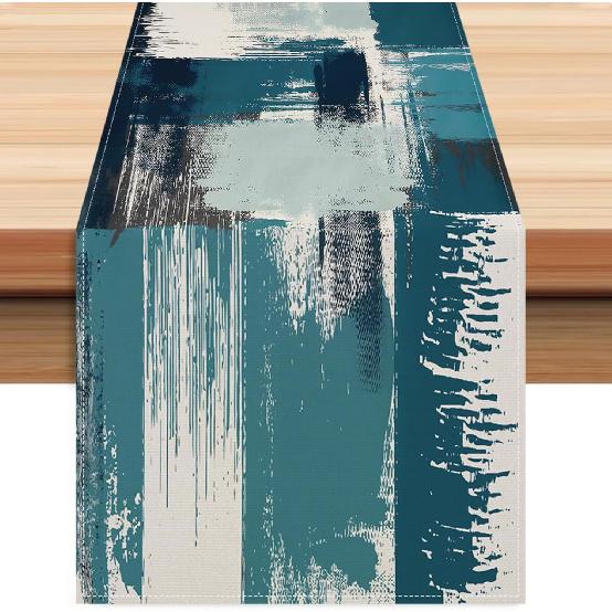 Blue and Grey Table Runner 13x72 Inch Modern Abstract Art Painting Kitchen Dinning Table Decoration for Home Party Décor