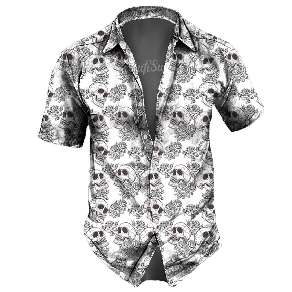 Schädel Herren Sommer Freizeithemden Hawaiianischer Kragen Streetwear Vintage Für die Straße Kurzarm Oberteil Party Urlaub Wansheng Festival