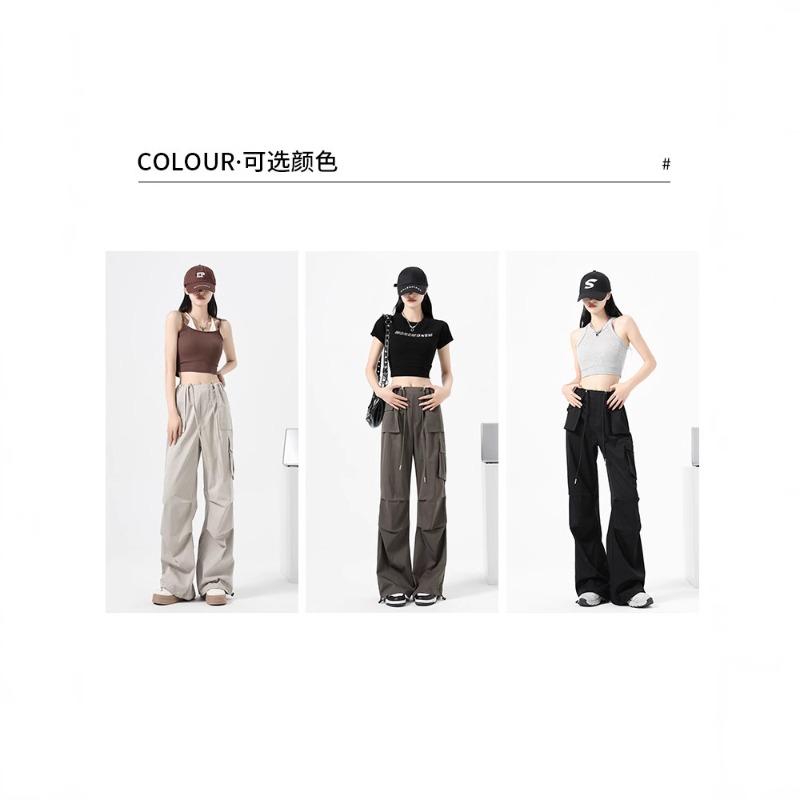 Vintage drawstring pleated wide-leg overalls women's spring high-waisted small pocket casual pants