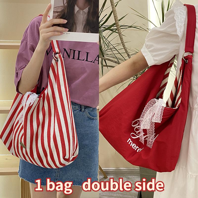 Streifen Buchstaben Design Damen Umhängetasche Große Kapazität Damen Dicke Leinwand Tragetasche Reise Handtaschen Damen Wiederverwendbare Einkaufstaschen