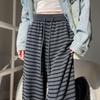 High-Waist Retro Striped Wide-Leg Pants with Drawstring - Women's Casual Floor-Length Knit for Autumn and Spring