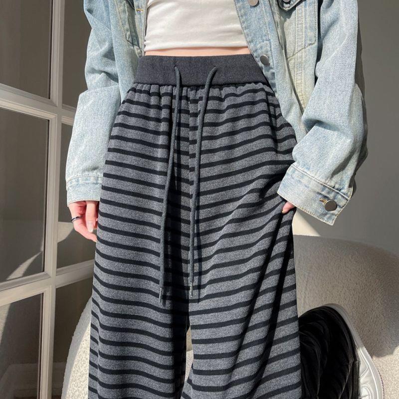 High-Waist Retro Striped Wide-Leg Pants with Drawstring - Women's Casual Floor-Length Knit for Autumn and Spring