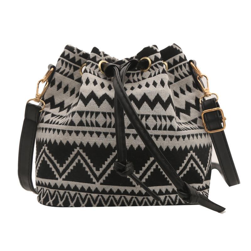 Boho Style Canvas Water Bucket Bag With Drawstring Closure For Daily Casual Use
