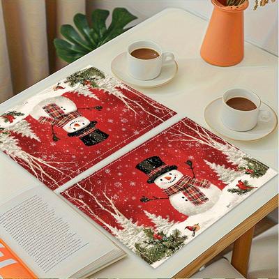 2/4/6pcs Red Snowman Winter Placemats Seasonal Christmas Holiday Table Mats, Suitable for Party Kitchen Restaurant Decoration, Holiday Dining Setup,