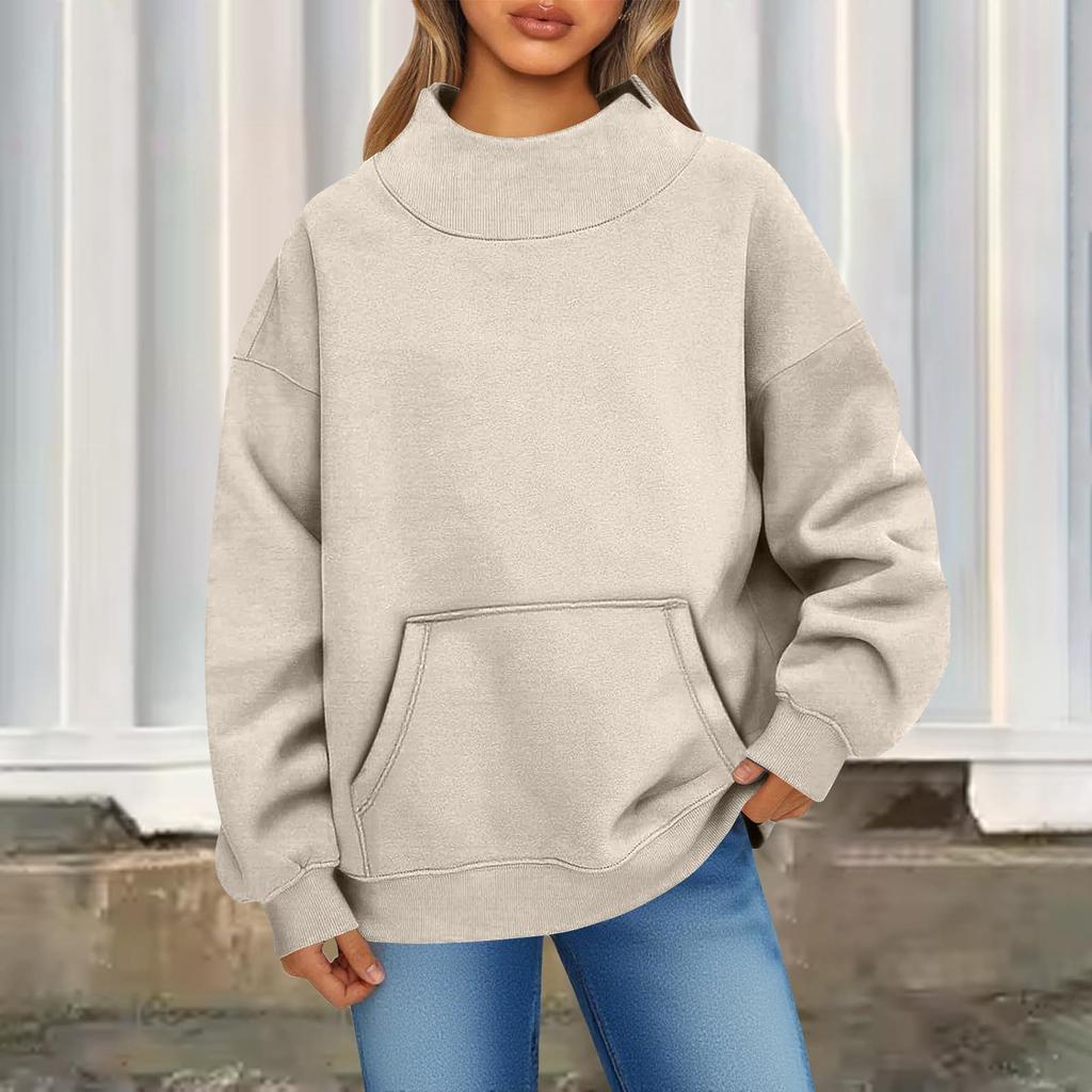 Damen Modisch Lässig Einfarbig Rundhals Langarm Tasche Sportlich Lässig Pullover Sweatshirt Top