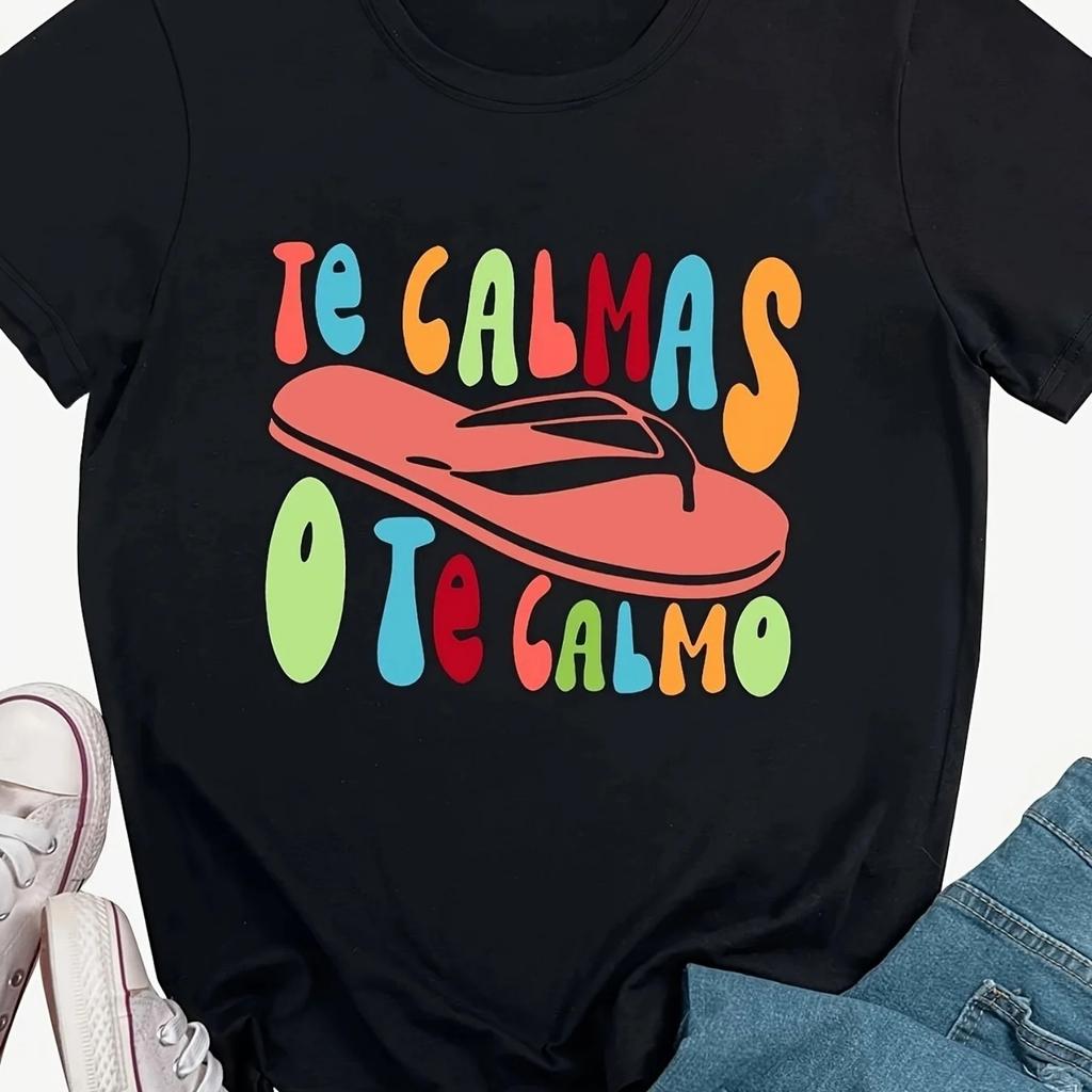 Flip Flop Print Crew Neck T-Shirt Casual Short Sleeve Top For Spring & Summer Women's Clothing Soft Tops Fashion Cool Tee Clothe