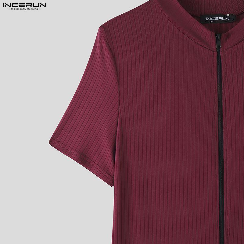 INCERUN Men Short Sleeve Zip-up Rib Jumpsuits Rompers Underwear