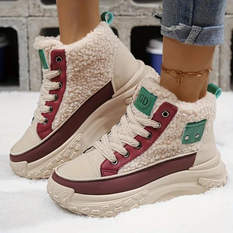 Women'S Chunky Platform Ankle Boots - Winter Warm Fleece-Lined Low Heel Lace-Up Boots with Thick Rubber Sole, Round Toe Sonw Boots