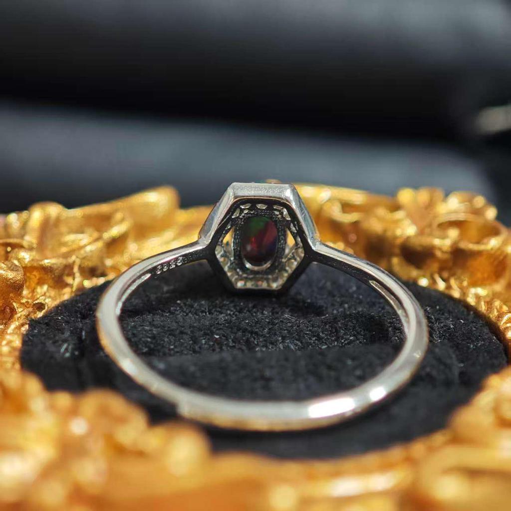 S925 Sterling Silver Hexagonal Black Opal Ring with Zirconia Accents - Bestseller Fire Opal Jewelry