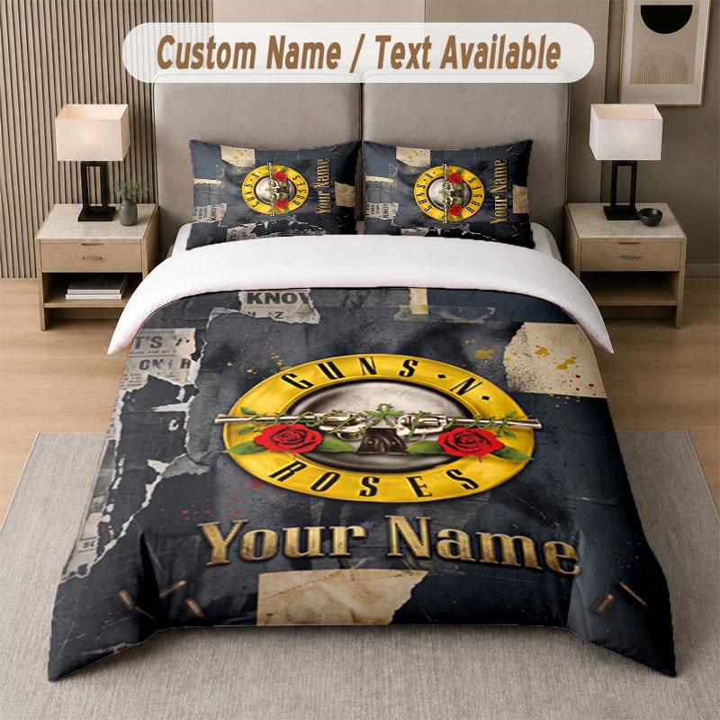Custom Bedding Set Guns N’ Roses Pattern, Print Name Text 1 Duvet Cover plus 2 Pillowcases Home Textile