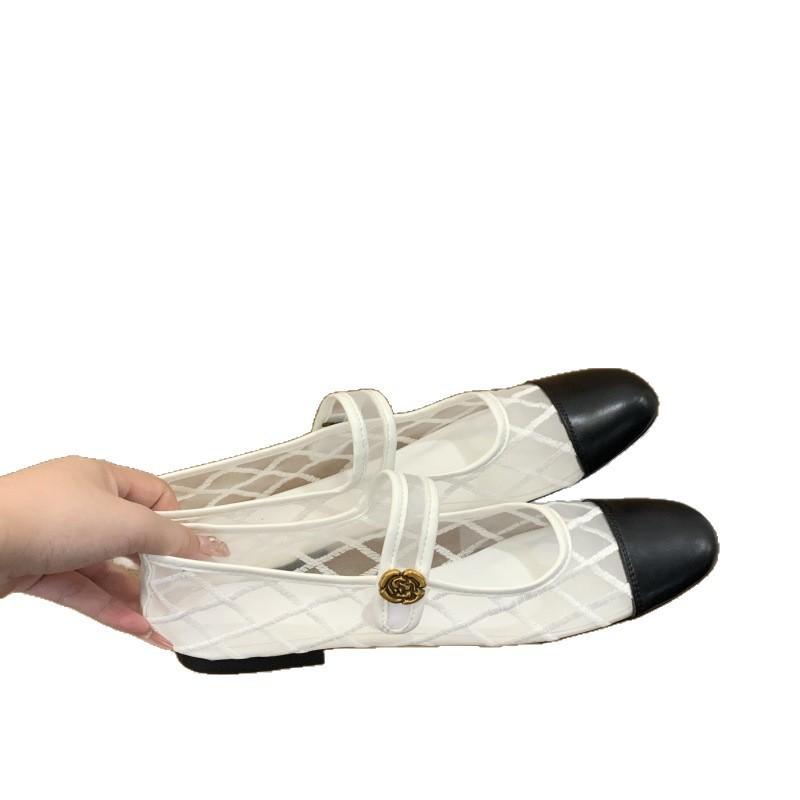 Retro Mary Jane shoes women's flat 2025 summer new diamond mesh ballet shoes single shoes splicing sandals