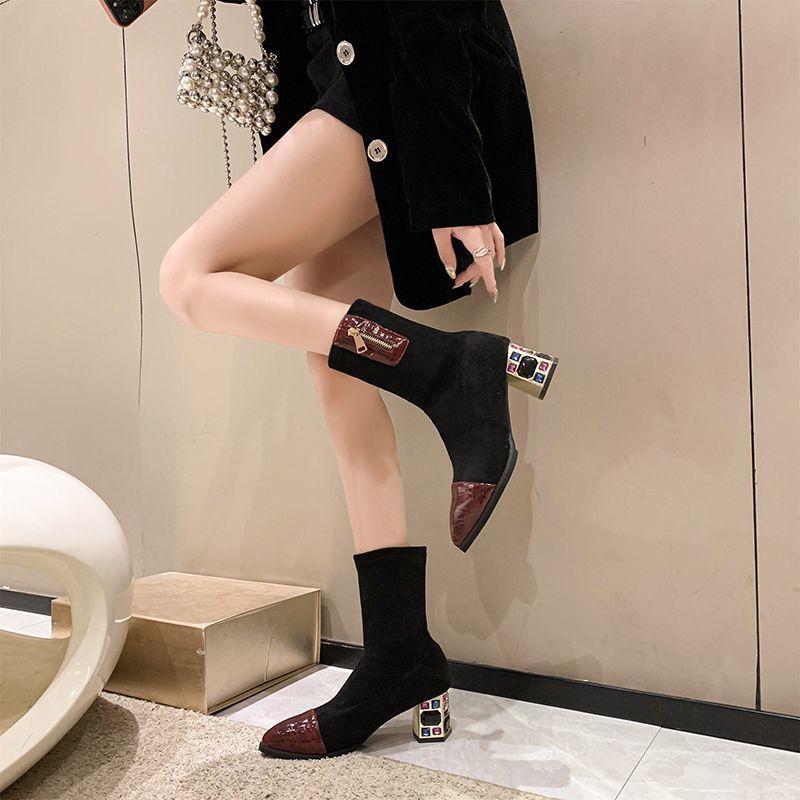 Skinny women's boots short boots 2025 spring and summer new pointed zipper rhinestone thick heel high heel short boots women's fashion explosion