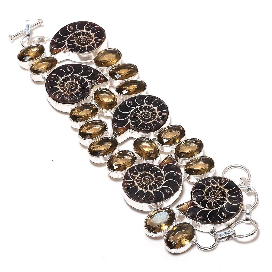 Ammonite Fossil, Topaz Gemstone 925 Sterling Silver Bracelet 7-8"