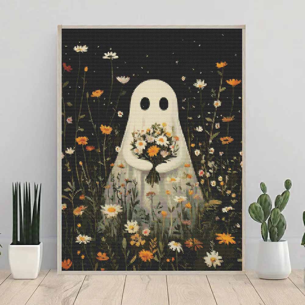DIY Diamond Painting Kit Cute Ghost Holding Flowers Pattern 5D Full Drill Canvas Art Creative Craft Gift for Girls and Adults