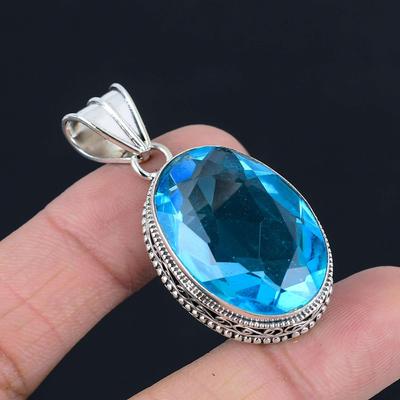 Blue Topaz Gemstone Pendant Solid 925 Sterling Silver Pendant Jewelry Gift For Unisex