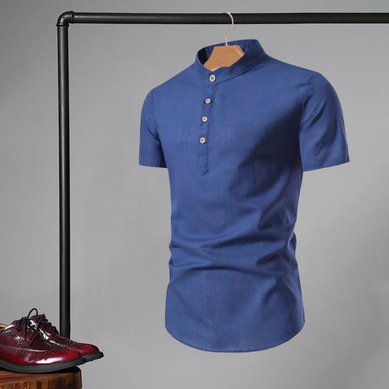 Erkek Yazlık Gömlek Düz Renk Slim Fit Stand Yaka Kısa Kollu Yumuşak Nefes Alabilir Hafif Kazak Düğme Resmi İş Etkinlikleri Ofis Üst