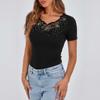 Women's Casual Short Sleeve Top Lace V Neckline Embellished with Rhinestones Lightweight Knitwear Slim Fit Summer Shirt