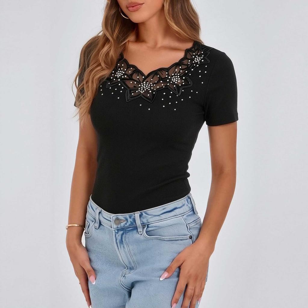 Women's Casual Short Sleeve Top Lace V Neckline Embellished with Rhinestones Lightweight Knitwear Slim Fit Summer Shirt