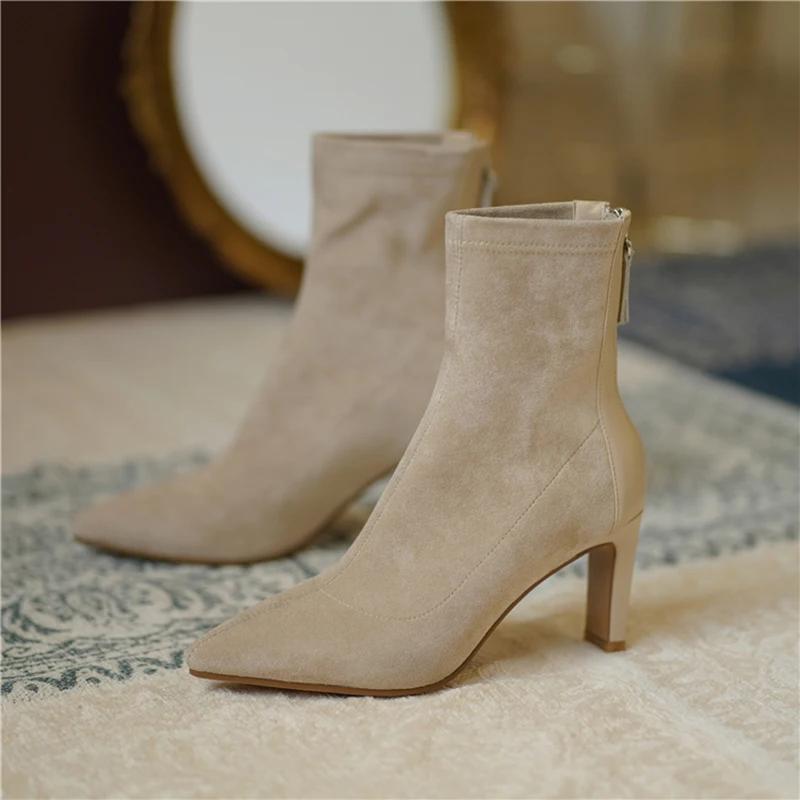 

Квадратный каблук женские эластичные носки короткие сапоги модные молнии сзади тонкие ботильоны ретро стиль осень-зима женская обувь 35