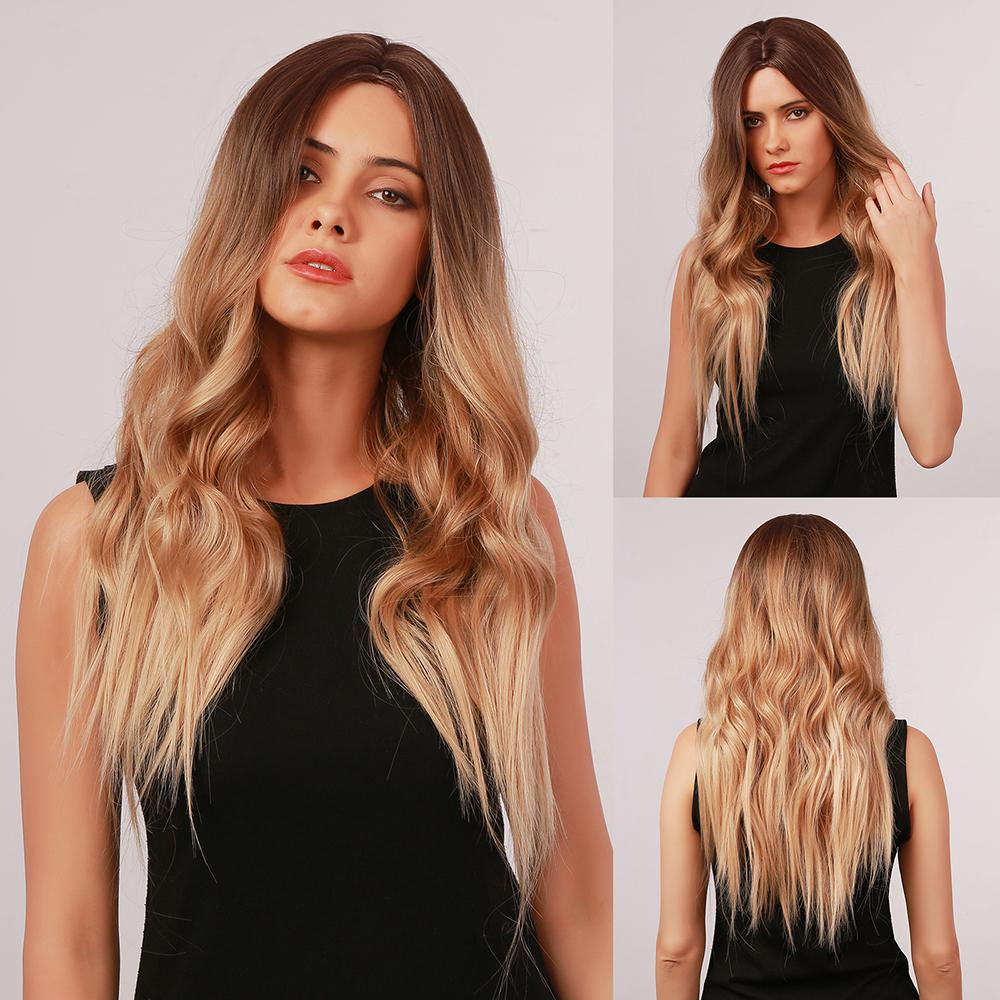 HENRY MARGU Long Wavy Synthetic Wigs With Bangs Natural Black Hair Wigs for Women Daily Party Heat Resistant Fiber Wigs