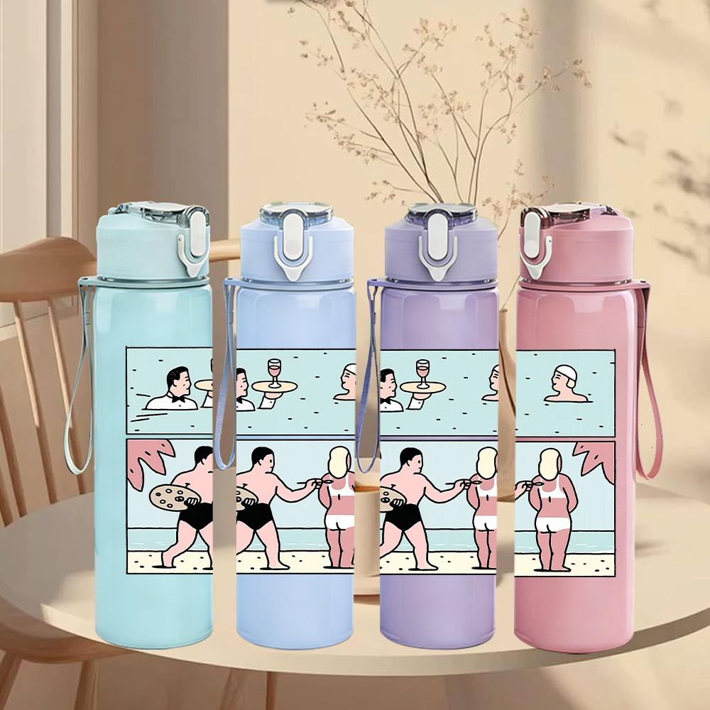 1PC Two Ladies Bathroom Scene Print 750ml Color Plastic Sports Water Bottle Leakproof Flip Straw Lid Suitable for Sports Office Home Use