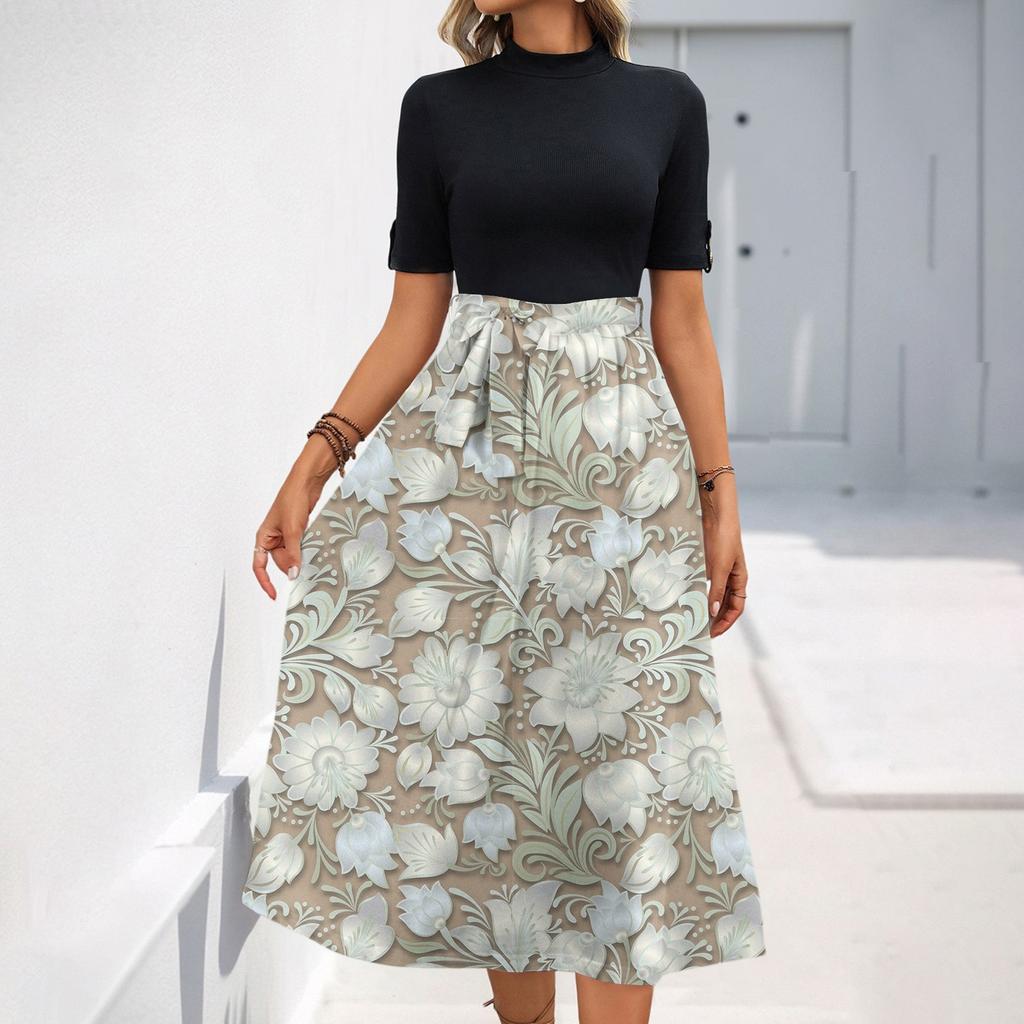 Women's Fashion Casual Belt Short Sleeve Round Neck Floral Elegant Temperament Dress