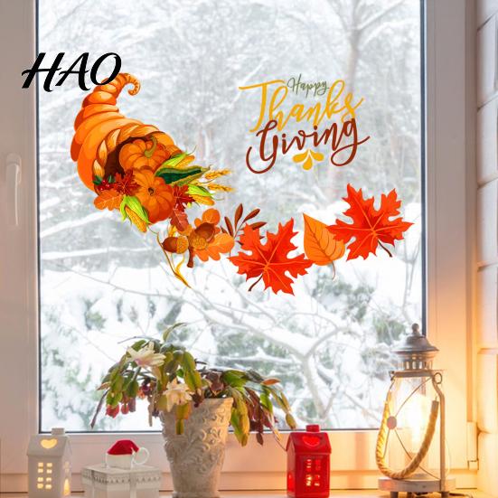 Thanksgiving Holiday Wall Decor Harvest Festival Stickers for Autumn Decor, PVC Cornucopia Pumpkins And Maple Leaves Decals, Fall Shops Peel